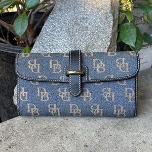 Y2K Dooney & Bourke denim & black leather Monogram wallet with brass hardware.